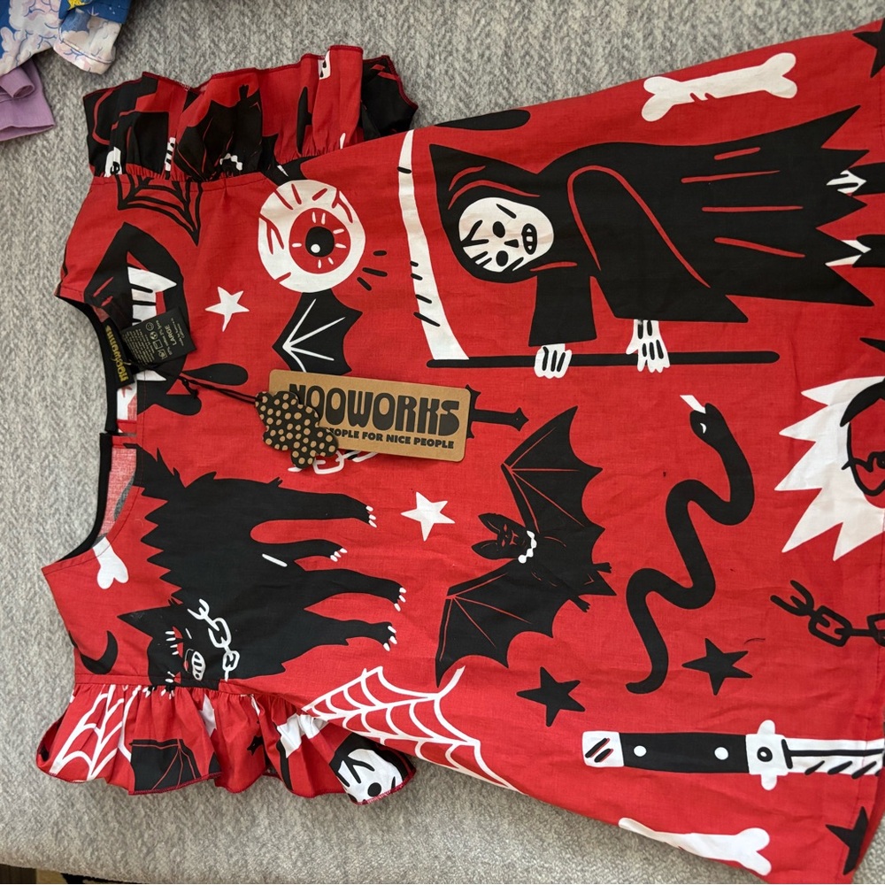 Nooworks Red Halloween Graphic Pullover Top with Black & White Motifs
